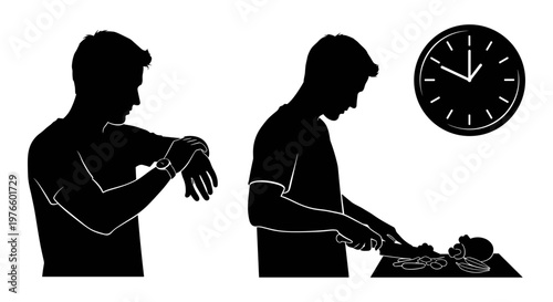 Two individuals checking time and preparing food simultaneously in a kitchen setting Vector, illustration