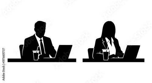 Silhouettes show two professionals at desks with laptops. One man, one woman, both focused on screens. Each has a drink beside their device. They sit side by side, sharing space