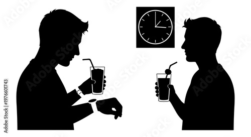 
Two silhouettes sip drinks, engaged in conversation. Clock above hints at time passing. They face each other, sharing a moment. Casual, relaxed, friendly interaction depicted
