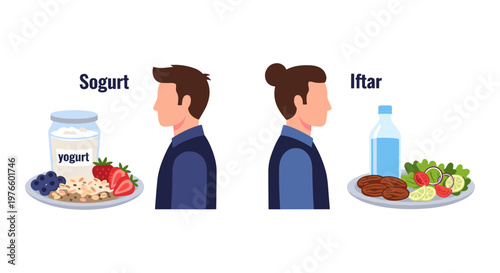 Illustration shows two people eating different meals. One eats yogurt with fruit and oats. The other eats a meal with meat, vegetables, and water. Both people eat with calm focus