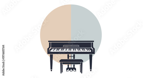 Illustration of a grand piano with a bench in front of a large circle divided in half with light brown and light blue color