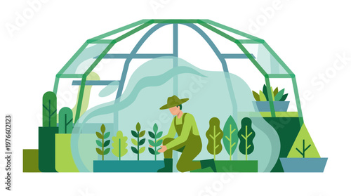 Farmer Caring for Plants Inside a Greenhouse Illustration