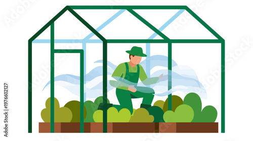 Gardener working in a greenhouse vector illustration