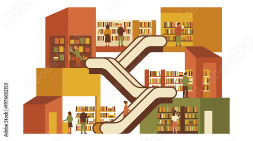 Modern Multi-Level Library Illustration with Bookshelves and People