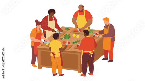 Diverse Group of People Cooking Together in a Culinary Class