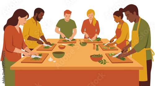 Diverse People Preparing Healthy Meal Together in Cooking Class