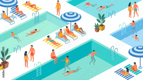 Isometric People Swimming and Sunbathing at a Resort Pool