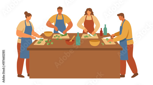 People in a Cooking Class Preparing Food Flat Illustration