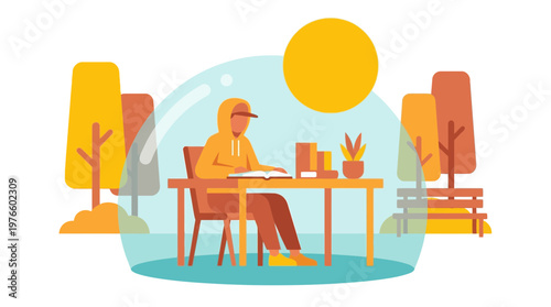 Student Focusing on Studies Inside a Protective Bubble Illustration