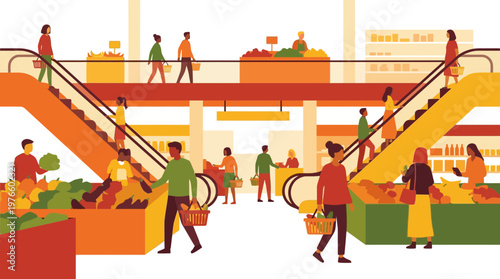 Busy Multi Level Supermarket Scene with Shoppers Vector Illustration