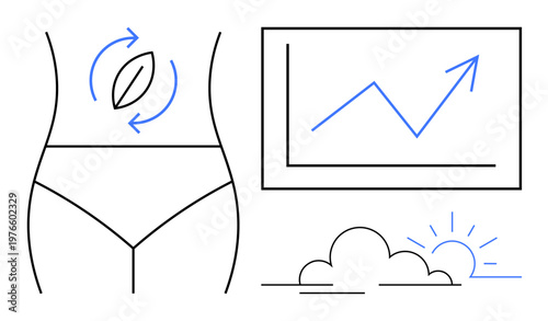 Wellness, digestive health, body positivity, growth, healthy habits, self-care. Outline of a body, growth chart and sunrise. Digestive health and body positivity in lifestyle visuals