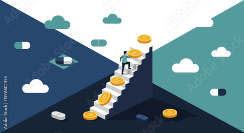 Businessman climbing stairs towards financial success and wealth