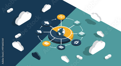 Isometric Global Cloud Computing Network and Data Center Infographic