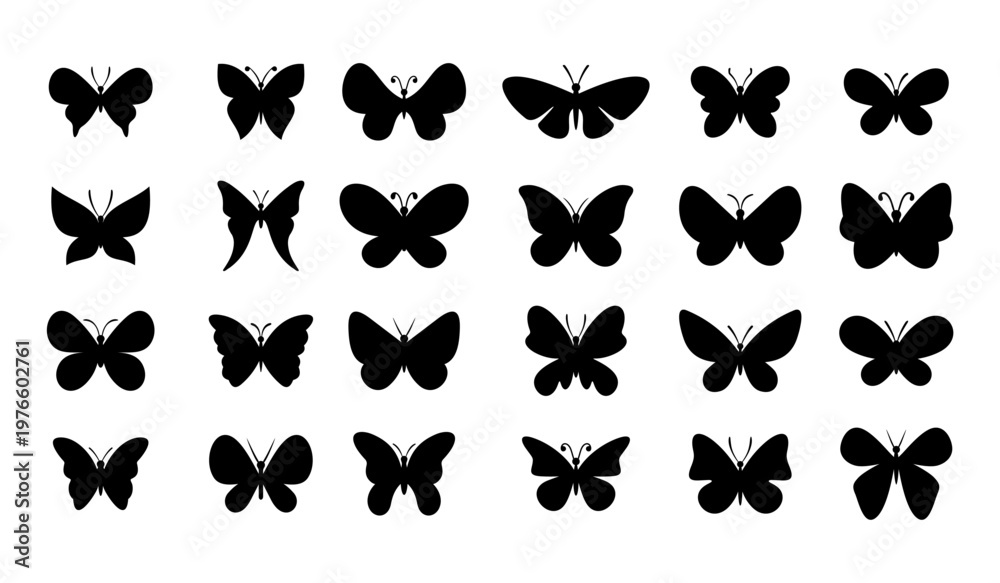 Obraz premium Set of black butterfly silhouettes in different shapes, clean flat clipart for tattoo, sticker, spring nature design, wedding decor, scrapbook elements, packaging, pattern making and craft projects
