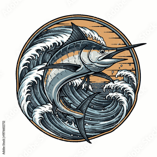 Majestic Marlin Leaping Through Crashing Ocean Waves.