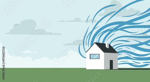 Residential property facing extreme weather conditions and potential damage from a powerful windstorm or natural disaster, symbolizing home insurance and protection