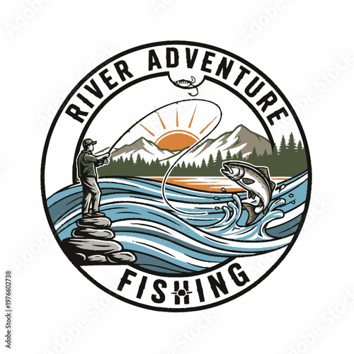 Man Fishing River Adventure Catching Salmon.