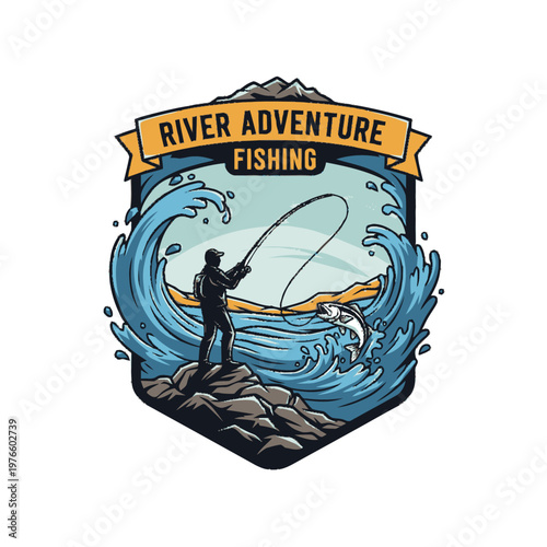 Man fishing in river with splashing water and jumping fish.