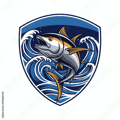 Majestic Tuna Fish Leaping Through Crashing Ocean Waves Emblem.