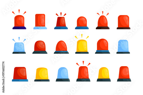 Set of emergency siren lights in red, blue and yellow with flashing rays, playful illustration style clipart for police, ambulance, security alerts, notifications, emergency response
