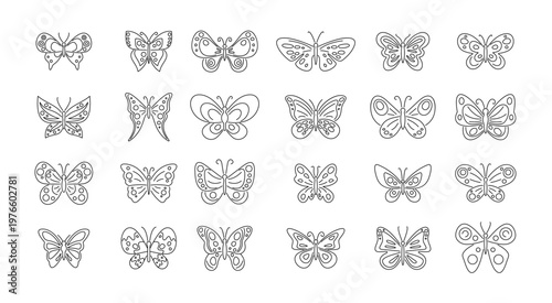 Collection of cute butterfly outlines with decorative wings, simple line art for coloring book pages, kids crafts, stencil templates, nature education, printable worksheets and DIY design projects