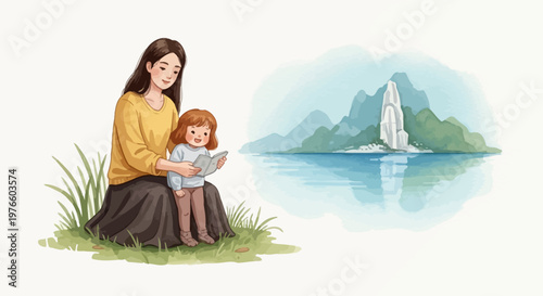 Mother reading book to young child in nature setting with scenic mountain lake watercolor dream background.
