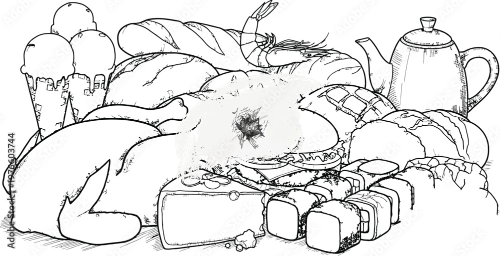 Obraz premium Hand-drawn Food Feast Black and White Vector Illustration for Design