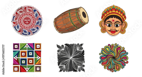 Vibrant Bangladeshi folk art mandala dhol drum and colorful face masks a festive cultural assortment.