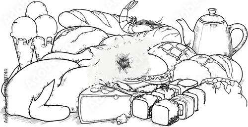 Hand-drawn Food Feast Black and White Vector Illustration for Design
