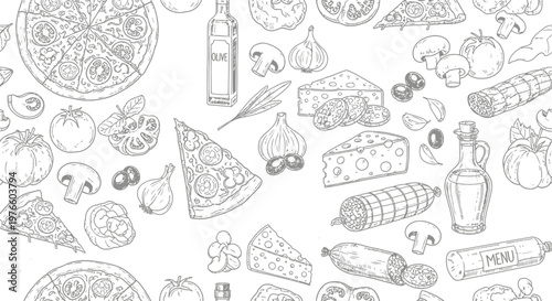 Italian food ingredients hand drawn seamless pattern vector illustration background