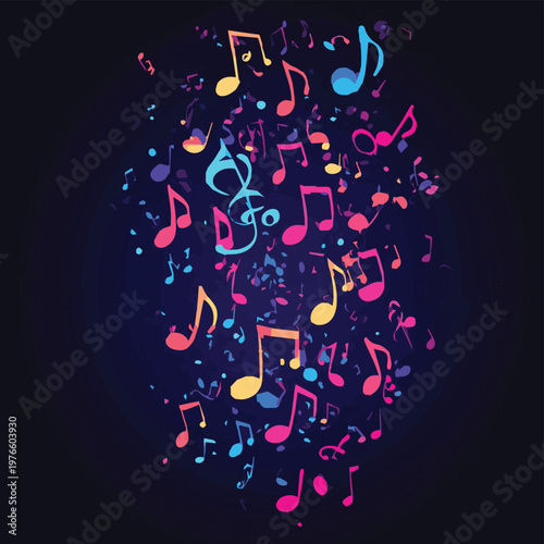 Colorful music notes floating in a dark background, symbolizing creativity and rhythm in the art of music.