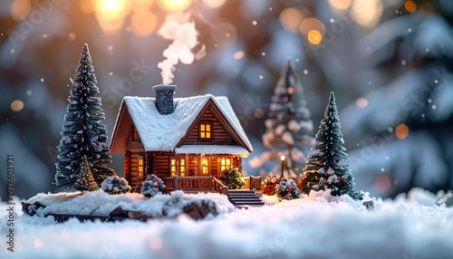 Cozy Log Cabin in Snowy Winter Wonderland with Smoke from Chimney.