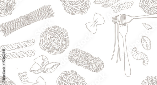 Italian pasta types line art sketch seamless pattern vector illustration