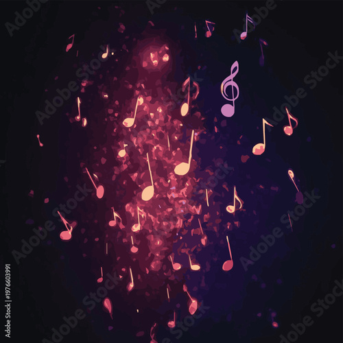 Colorful musical notes float in a mystical atmosphere, representing the harmony and joy of music.