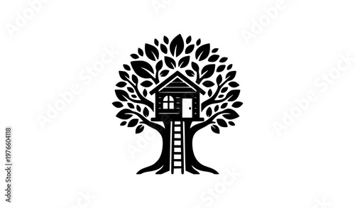 Tableau sur toile Black treehouse silhouette with ladder leafy canopy pitched roof and arched wind