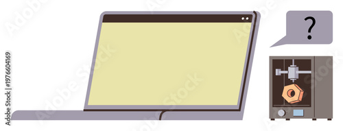 3D printing, technology, manufacturing, innovation, hardware, troubleshooting. A laptop next to a 3D printer with a question mark. 3D printing and technology troubleshooting visualization