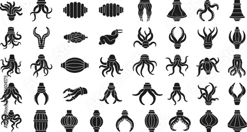 Set of black silhouette cephalopod tentacle icons, abstract organic suction cup shapes, nautical marine monster elements, creative sea creature vector illustrations for graphic design.