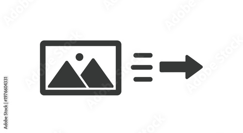 Vector graphic illustration depicting an image loading or processing icon with a rightward arrow, symbolizing data transfer and media management for digital applications.