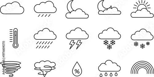 Weather icon set with cloud rain snow sun moon and thermometer symbols