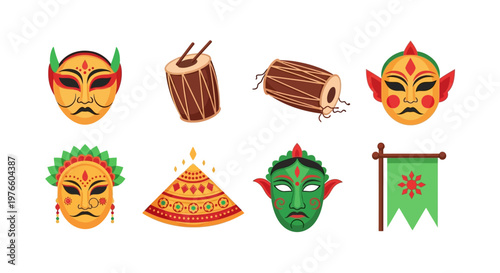 Traditional festival masks and drums with decorative flag and headdress symbols.