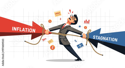 Businessman caught in an economic tug-of-war, battling conflicting forces of inflation and stagnation, representing market instability and financial strain