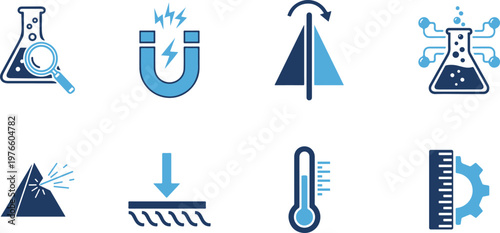 Set of science and technology icons including laboratory equipment and physics