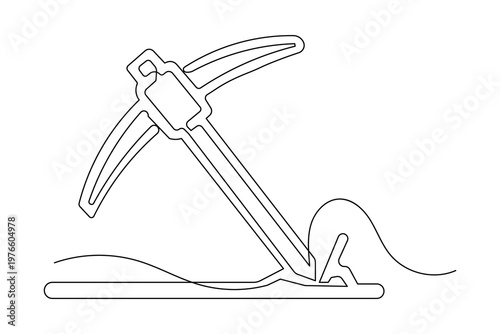 Minimalist one line art of pickaxe hitting ground outline illustration