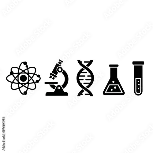 Science Icons: Atom, Microscope, DNA, Flask, Test Tube - Research and Discovery