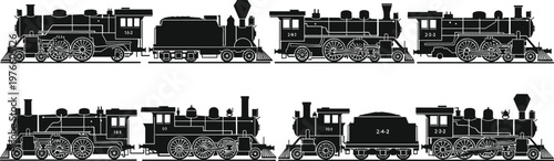 Vintage Steam Locomotive Train Silhouette Set Featuring Retro Engine Vector Illustrations Isolated on White Background for Transportation History and Industrial Graphic Design Projects
