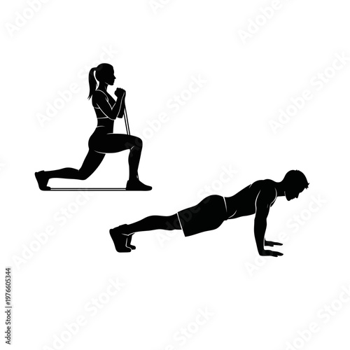 Couple doing fitness exercises with resistance bands and push-ups