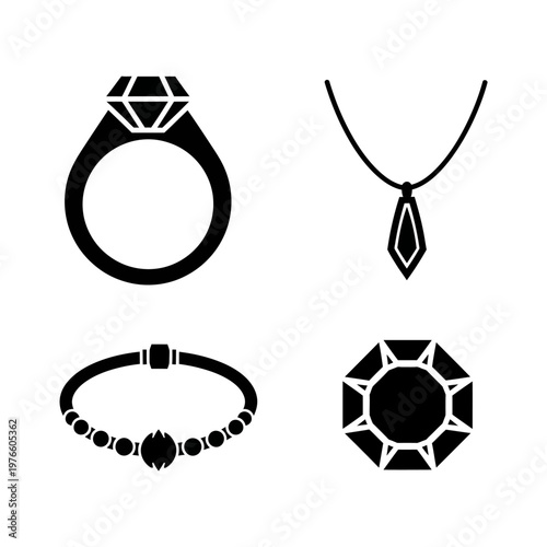 Set of Jewelry Icons: Diamond Ring, Necklace, Bracelet, Gemstone