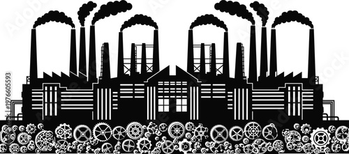 Industrial Factory Building Silhouette Vector Illustration Featuring Smoking Chimneys and Mechanical Gears Isolated on White Background for Energy Production and Manufacturing Graphic Design