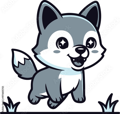 Cute cartoon wolf pup with big sparkly eyes, running joyfully through grass