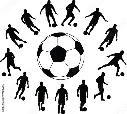 Circular Silhouette Composition of Professional Soccer Players Dribbling and Kicking Around a Large Central Football Graphic for Sports Team Branding